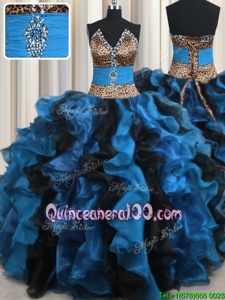 Fashion Leopard Two Tone V Neck Organza and Printed V-neck Sleeveless Lace Up Beading and Ruffles Sweet 16 Quinceanera Dress inBlue And Black