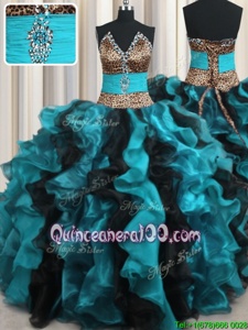 Unique Leopard Two Tone V Neck Ball Gowns Sweet 16 Dresses Multi-color V-neck Organza Sleeveless Floor Length Lace Up