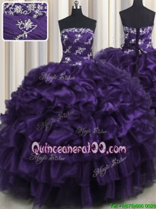 Traditional Purple Sweet 16 Dress Military Ball and Sweet 16 and Quinceanera and For withAppliques and Ruffles and Ruffled Layers Strapless Sleeveless Lace Up