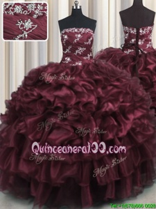 Chic Floor Length Lace Up Sweet 16 Dresses Wine Red and In forMilitary Ball and Sweet 16 and Quinceanera withAppliques and Ruffles and Ruffled Layers