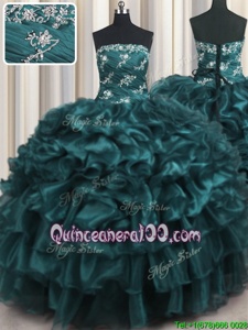 Lovely Navy Blue Sleeveless Floor Length Appliques and Ruffles and Ruffled Layers Lace Up Sweet 16 Quinceanera Dress