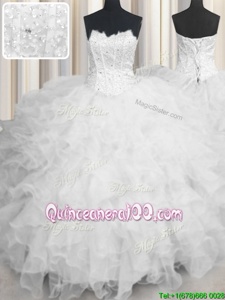 High End Ball Gowns Vestidos de Quinceanera White Scalloped Organza Sleeveless Floor Length Lace Up