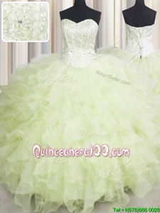 Simple Champagne Ball Gowns Organza Sweetheart Sleeveless Beading and Ruffles Floor Length Lace Up Vestidos de Quinceanera