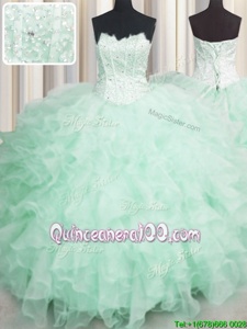 High Class Scalloped Visible Boning Apple Green Sleeveless Organza Lace Up Vestidos de Quinceanera forMilitary Ball and Sweet 16 and Quinceanera