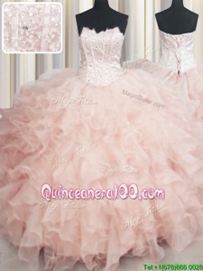 Great Visible Boning Scalloped Sleeveless Floor Length Beading and Ruffles Lace Up Quinceanera Dresses with Peach