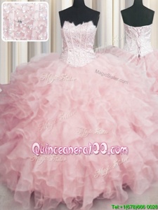 On Sale Visible Boning Organza Scalloped Sleeveless Lace Up Beading and Ruffles Quinceanera Dresses inBaby Pink