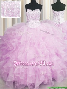 Nice Visible Boning Scalloped Lilac Sleeveless Organza Lace Up Sweet 16 Quinceanera Dress forMilitary Ball and Sweet 16 and Quinceanera