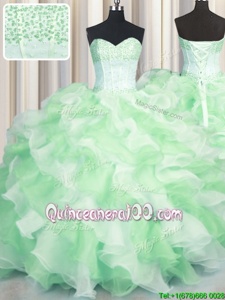 Glittering Visible Boning Two Tone Beading and Ruffles 15th Birthday Dress Multi-color Lace Up Sleeveless Floor Length