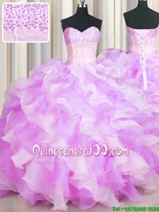 Fine Visible Boning Two Tone Sleeveless Lace Up Floor Length Beading and Ruffles Ball Gown Prom Dress