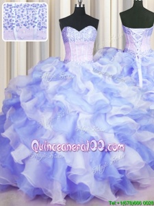 Decent Two Tone Visible Boning Multi-color Organza Lace Up 15 Quinceanera Dress Sleeveless Floor Length Beading and Ruffles