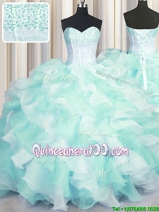 Smart Two Tone Visible Boning Sweetheart Sleeveless Organza Quinceanera Dress Beading and Ruffles Lace Up