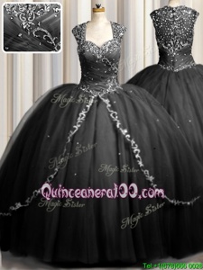 High Class Zipple Up Black Tulle Zipper Ball Gown Prom Dress Cap Sleeves Brush Train Beading and Appliques