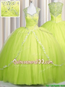Nice Zipper Up Brush Train Yellow Green Cap Sleeves With Train Beading and Appliques Zipper Quince Ball Gowns