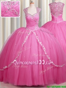 Custom Designed Zipper Up Rose Pink Ball Gowns Tulle Sweetheart Cap Sleeves Beading and Appliques With Train Zipper Sweet 16 Dresses Brush Train