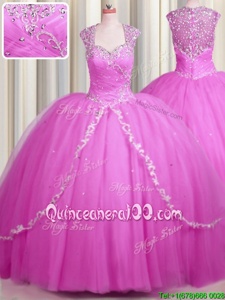 Romantic See Through Hot Pink Tulle Zipper Ball Gown Prom Dress Cap Sleeves With Brush Train Beading and Appliques