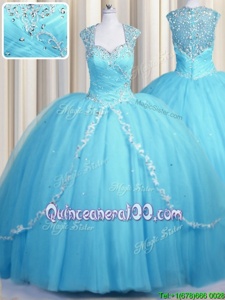 Wonderful See Through Baby Blue Ball Gowns Sweetheart Cap Sleeves Tulle With Brush Train Zipper Beading and Appliques Quinceanera Dresses