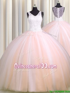Discount See Through Back Zipple Up Baby Pink and Peach Tulle Zipper V-neck Sleeveless Quinceanera Gowns Brush Train Beading and Appliques