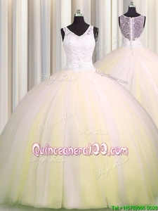 Attractive Zipple Up V Neck Sleeveless Beading and Appliques Zipper Quinceanera Gowns with Light Yellow Brush Train