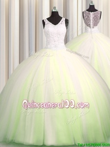 Affordable Zipple Up Big Puffy Tulle V-neck Sleeveless Brush Train Zipper Beading and Appliques Quinceanera Gowns inYellow Green