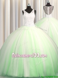 Sexy See Through Zipple Up Spring Green V-neck Zipper Beading and Appliques Sweet 16 Dresses Brush Train Sleeveless