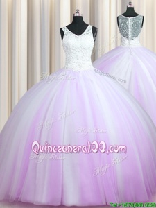 V Neck Zipper Up With Train Lilac 15th Birthday Dress Tulle Brush Train Sleeveless Spring and Summer and Fall and Winter Beading