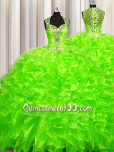 Unique Pick Ups Zipper Up See Through Back Beading Sweet 16 Dresses Spring Green Zipper Sleeveless With Brush Train