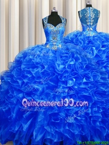 Discount Zipper Up See Through Back Royal Blue Ball Gowns Beading and Ruffles Quinceanera Gowns Zipper Organza Sleeveless With Train
