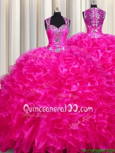 Exceptional Zipper Up See Through Back Sweep Train Ball Gowns Quinceanera Gowns Fuchsia Straps Organza Sleeveless With Train Zipper