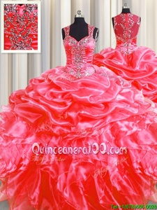 Customized Pick Ups Zipper Up See Through Back Beading and Ruffles Sweet 16 Dress Coral Red Zipper Sleeveless Floor Length Sweep Train