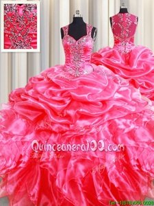 Colorful Pick Ups Zipper Up See Through Back Floor Length Hot Pink 15th Birthday Dress Straps Sleeveless Zipper