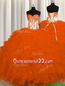Adorable Orange Lace Up Sweetheart Appliques and Ruffles Quince Ball Gowns Organza Sleeveless