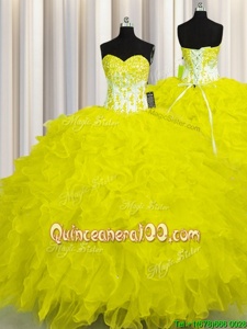Smart Sweetheart Sleeveless Quinceanera Dress Floor Length Appliques and Ruffles Yellow Organza