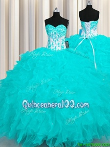 Traditional Aqua Blue Sweetheart Neckline Appliques and Ruffles Ball Gown Prom Dress Sleeveless Lace Up