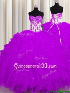 Purple Ball Gowns Organza Sweetheart Sleeveless Appliques and Ruffles Floor Length Lace Up Quinceanera Gowns