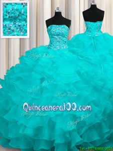 Enchanting Aqua Blue Sweet 16 Dress Military Ball and Sweet 16 and Quinceanera and For withBeading and Ruffles Strapless Sleeveless Sweep Train Lace Up