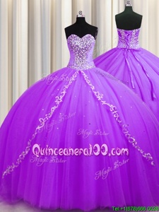 Sweep Train Purple Sleeveless Beading Lace Up Sweet 16 Dress
