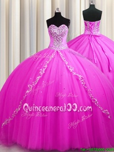High Quality Sweep Train Spring and Summer and Fall and Winter Tulle Sleeveless Floor Length 15 Quinceanera Dress andBeading