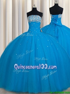 Edgy Really Puffy Strapless Sleeveless Lace Up Quinceanera Gown Teal Tulle