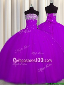 Really Puffy Sleeveless Tulle Floor Length Lace Up Quinceanera Dress inPurple forSpring and Summer and Fall and Winter withBeading and Sequins