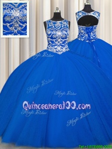 Lovely Scoop Sleeveless Floor Length Beading Lace Up Sweet 16 Quinceanera Dress with Royal Blue