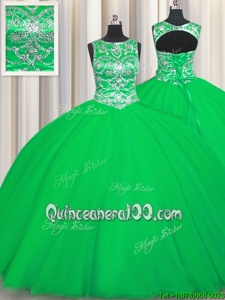 Perfect Scoop Floor Length Green Quinceanera Gowns Tulle Sleeveless Spring and Summer and Fall and Winter Beading