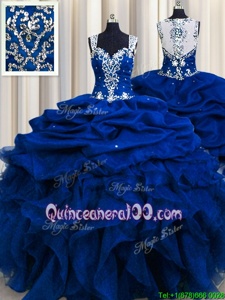 Sexy Zipple Up See Through Back Royal Blue Ball Gowns Beading and Ruffles and Sequins and Pick Ups Quinceanera Gown Zipper Organza Sleeveless Floor Length