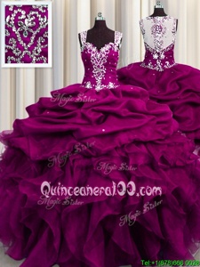 Fashionable Sequins See Through Back Ball Gowns Ball Gown Prom Dress Fuchsia Straps Organza Sleeveless Floor Length Zipper