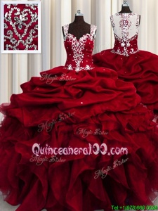 Great See Through Straps Sleeveless Quinceanera Gowns Floor Length Beading and Ruffles and Sequins Wine Red Organza