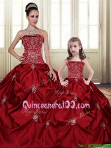 Custom Made Strapless Sleeveless Sweet 16 Quinceanera Dress Floor Length Embroidery and Pick Ups Wine Red Taffeta