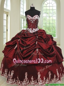 Wine Red Taffeta Lace Up Quinceanera Dress Sleeveless Floor Length Beading and Appliques and Pick Ups