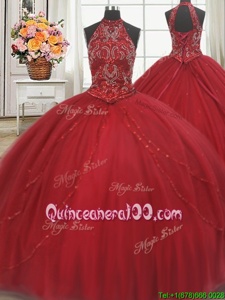 Ideal Halter Top Spring and Summer and Fall and Winter Tulle Sleeveless 15 Quinceanera Dress Court Train andBeading and Appliques