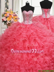 High Class Beaded Bodice Coral Red Sweetheart Lace Up Beading and Ruffles Sweet 16 Dresses Sleeveless