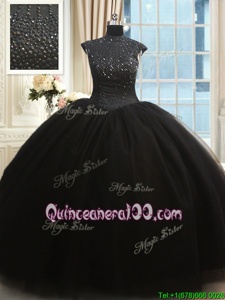 Hot Sale High Neck Black Cap Sleeves Beading Floor Length Quinceanera Dresses