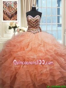 Beaded Bodice Ball Gowns Quince Ball Gowns Peach Sweetheart Organza Sleeveless Floor Length Lace Up